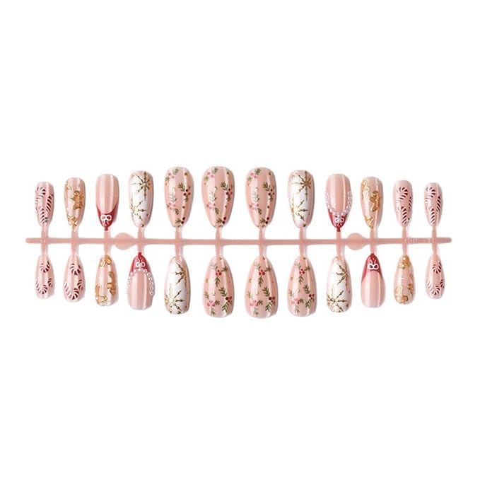 Christmas Almond Press on Nails Medium Fake Nails Red French Artificial Nail with Pearl and Gold Charm Designs Stick on Nail for Women 24pcs