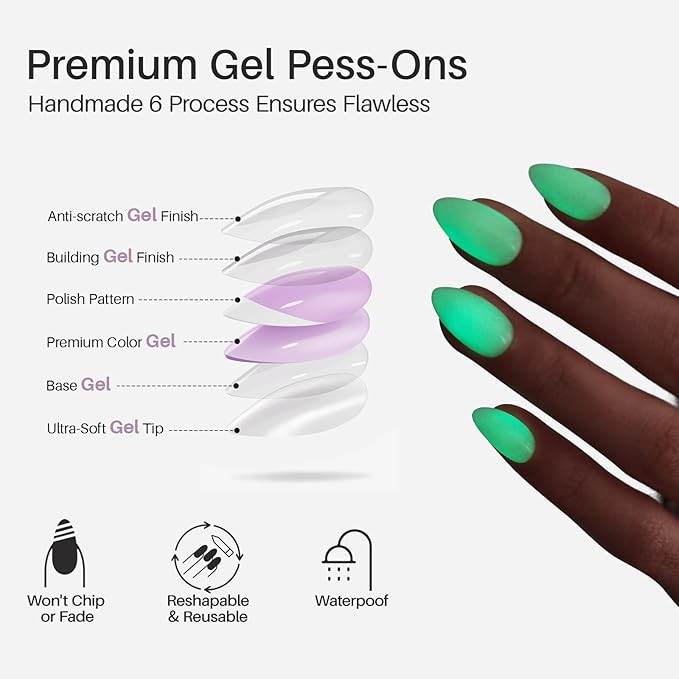 Pastel Beige Press on Nails Almond - SHANGMENG Glow in The Dark Short Nails for Women, Seamless Fit & Glossy Soft Gel Glue On Nails in 16 Sizes - 32 Fake Nails Kit with Glue, Enchanted Lumen