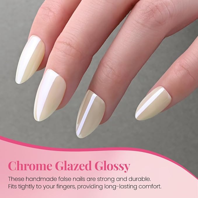 Press on Nails Short Almond - White Chrome Glazed Glossy Press on Nail Tips Stick on Nails with Nail Kit for Gift, Reusable Stick On Nails in 15 Sizes - 30 Full Cover Acrylic Soft Gel Fake Nails Kit