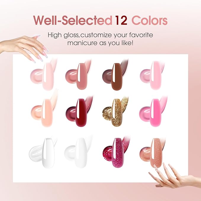 ROSALIND 12PCS Pink Brown Christmas Poly Nail Gel Kit with Mini Nail Lamp White Glitter Pink Poly Extension Gel Set 0.34oz/10ml with Slip Solution Basic Tools for Beginners with Everything
