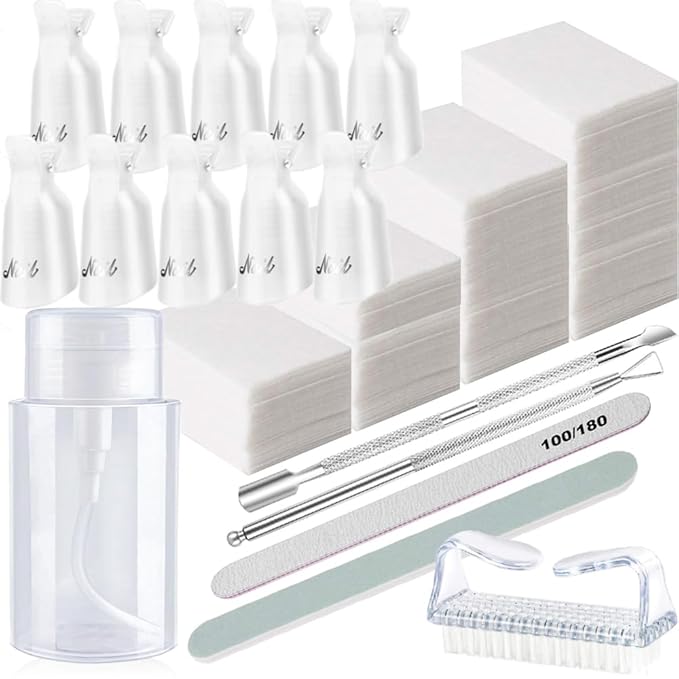 Nail Polish Gel Remover Tools Kit, Soak Off Cap Clip, UV Gel Polish Cuticle Pusher, 200ml Dispenser Bottle, 600 PCS Cotton Pads, Handle Brushes, 100/180 Nail File, Buffer Block, Finger Separators