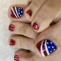 Independence Day Press on Toenails Short Square Fake Toe Nails Red Glitter False Toenails with Stripe Designs Full Cover Glossy Stick on Toenails Summer Star Glue on Toenails for Women 4th of July
