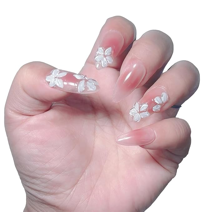 10 Medium Almond Handmade Press On Nails | Romantic Pink Blush Rendering Shimmer Fake Nails with 3D White Floral Accents | Easy Apply & Remove, Reusable Salon Quality Nails (5U14, M)