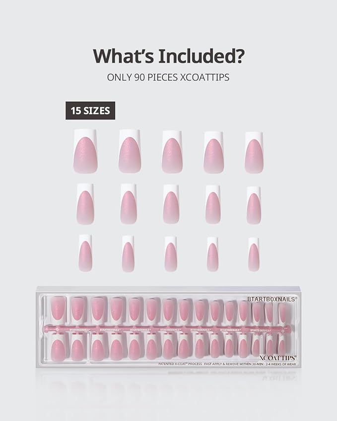 BTArtboxnails XCOATTIPS French Tip Press On Nails - Pink Glitter Base Long Square Press On Nails, 90 Pcs Salon Quality Soak Off Soft Gel Nail Tips Extension in 15 Sizes