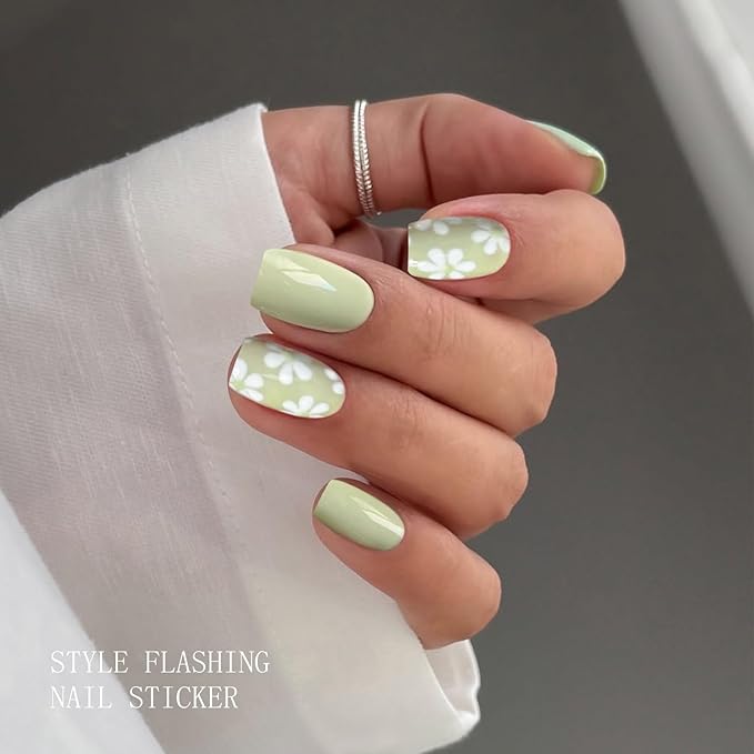 JMEOWIO Gel Nail Stickers White Flower Light Green Semi Cured Gel Nail Strips Wraps UV/LED Nails Art Design Decoration Accessories