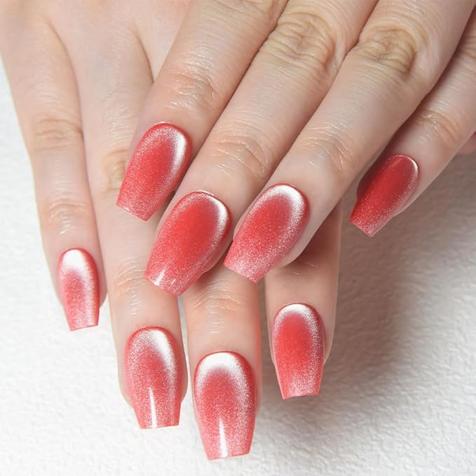 evpct Red Pink Cat Eye Coffin Press on Nails Square Medium, Medium Square Stick on Nail for Women Gift, Red Pink Metallic Glitter Glossy Reusable Summer Soft Gel Press on Acrylic Fake Nail with Design