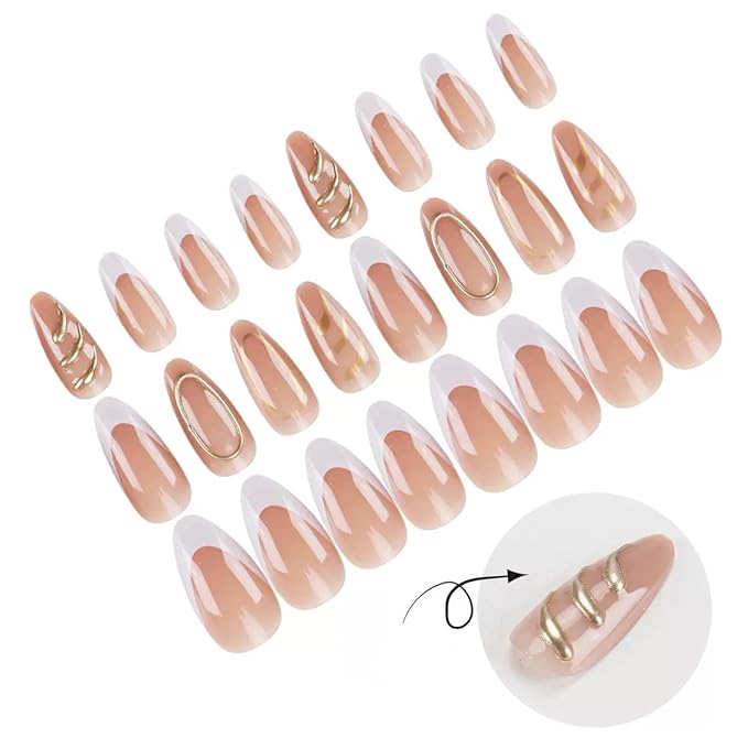 Almond Press on Nails Medium - White French Tip Fake Nails with Gold Circle Design - Glossy Elegant Full Cover Stick on Press ons - for Women 24 Pcs