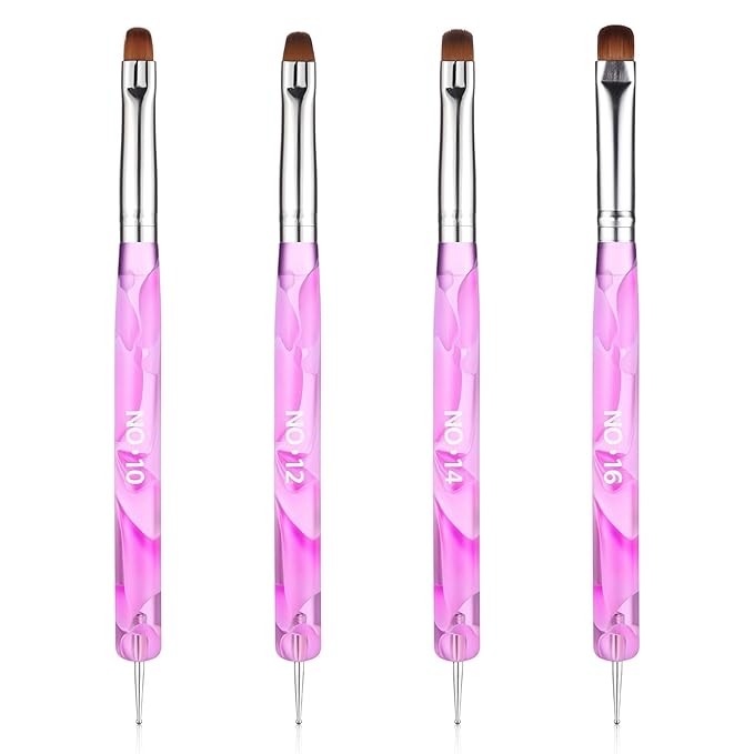 4 Pcs Acrylic French Gel Nail Art Brushes, Two Way Manicure Brush with Dotting Tool Double Ended Nails Gel Liner Brush for Manicure Cuticle Clean up Detailed Designs (10#, 12#, 14#, 16#)
