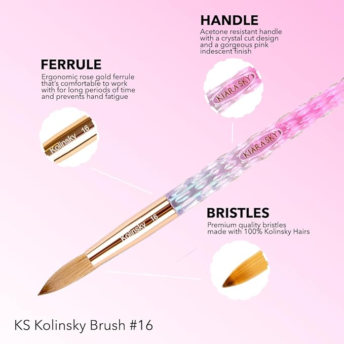 Kiara Sky Acrylic Brush #16 - Pink | 100% Pure Kolinsky | Crystal Cut Handle and Acetone Resistant