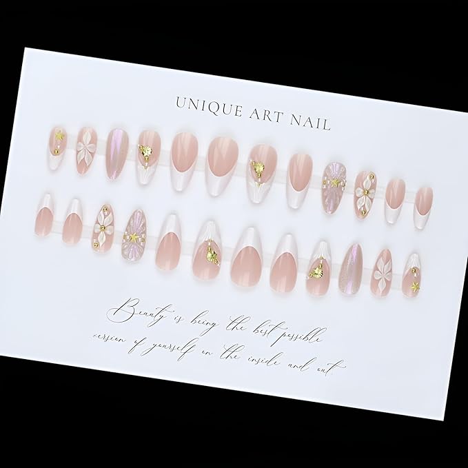 French Tip Press on Nails Medium Almond Fake Nails 3D Flower Nails Press Ons Glossy Full Cover False Nails with Rhinestones Design Seashell Starfish Glue on Nail Acrylic Stick on Nail for Women 24Pcs