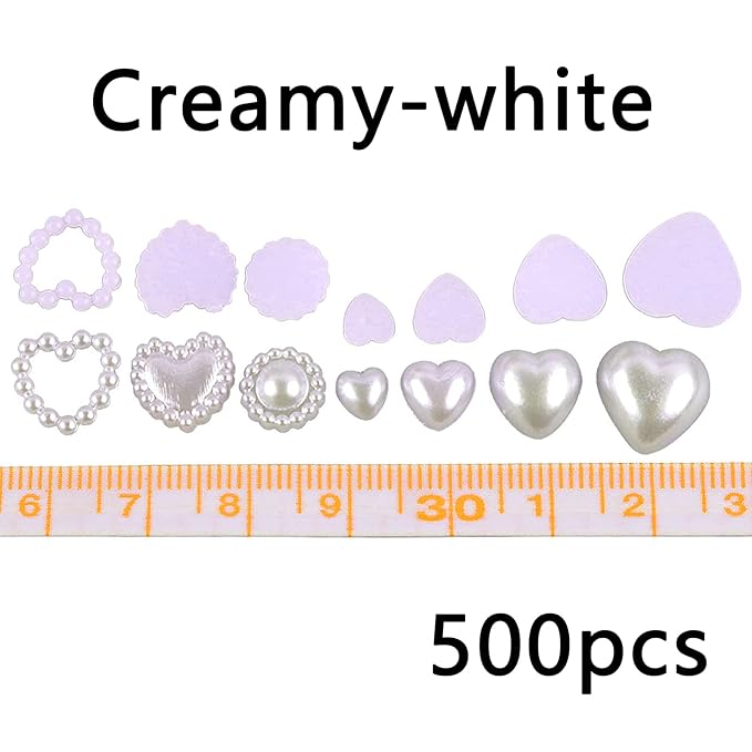 500 Pcs Creamy-white Pearls Heart Nail Charms Mixed Styles Flatback Heart Cute Assorted Pearls Heart Beads 3D Nail Art Charms Embellishments for Nail Art DIY Crafts Accessories