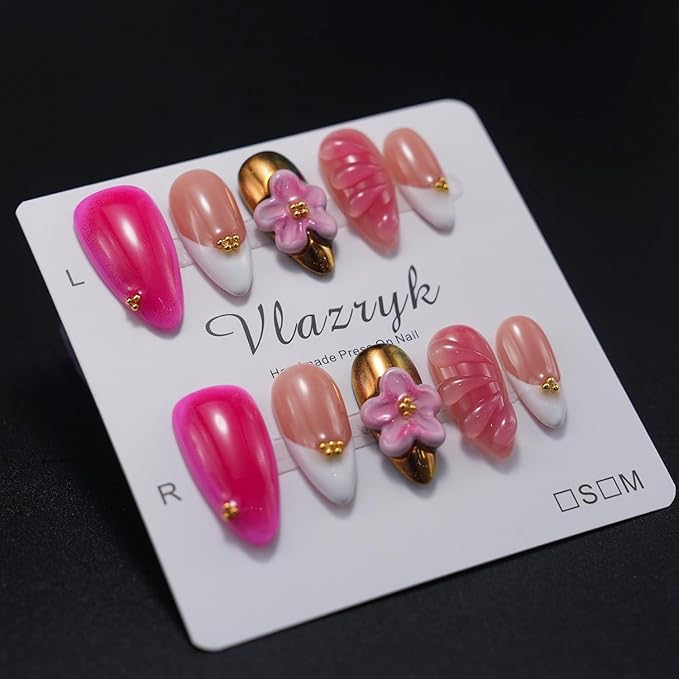 Luxury Almond Press-On Nails, 3D Flower French Tip Handmade Make Press On Nails, Gold and pink mix Design Reusable, Thick Acrylic Glossy False Nails for Women （10PCS)