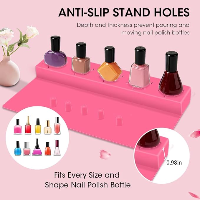 Nail Polish Holder,Silicone Hand Rest Mat Fingernail Painting Tools 2 in 1 Art Accessories Organizer Case Set with Anti-Spill Bottle Stand and Finger Separators for Pedicure Manicure-Rose Red