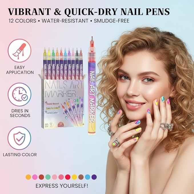 2026 New 12 Colors Nail Art Pens Set, 0.5mm Fine Tip Polish Markers for Drawing - Quick Dry Waterproof DIY Nail Art Kit for Beginners, Gel & Acrylic Nails, Home Salon Manicure Tools (1 Set)