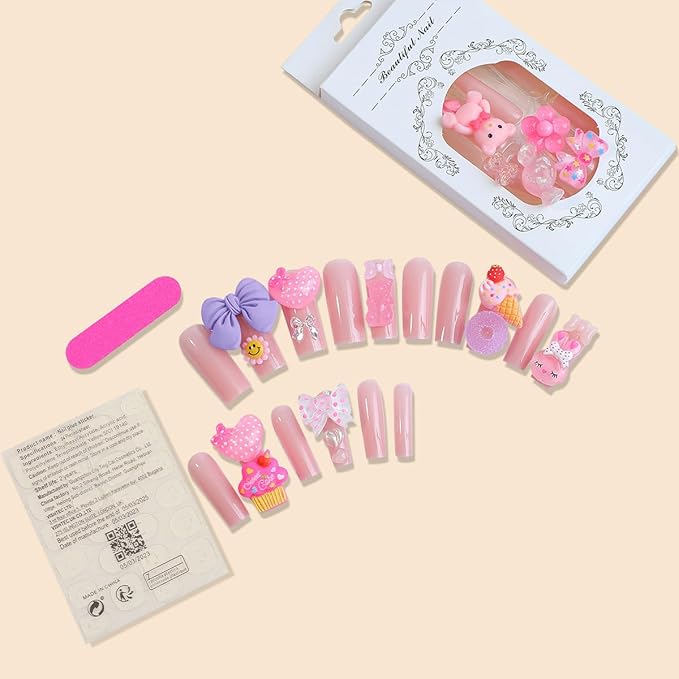 24Pcs Long Press on Nails Square Fake Nails with Charms Nude Pink Acrylic Nails Cute Heart Bear Charm Designs Glue on Nails Reusable Artificial Full Cover Stick on Nails for Women and Girls