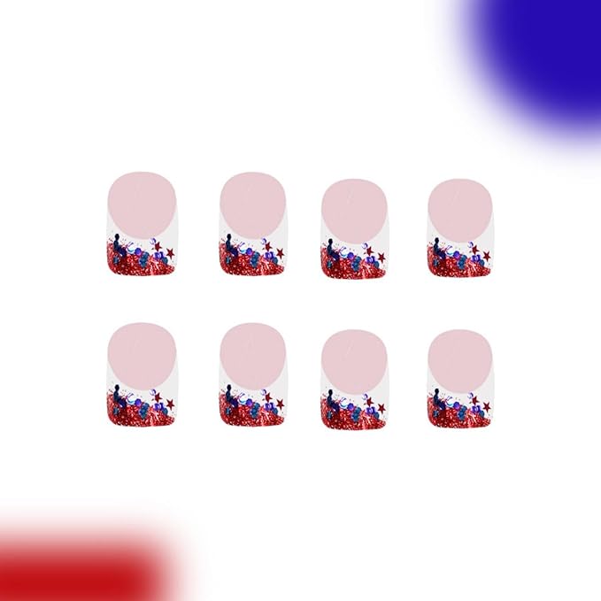 Independence Day Press on Nails Short Square Fake Nails with Star Designs Red White French Tip Stick on Nails Blue False Nail Glitter 4th of July Acrylic Nail for Women Girls Manicure 24Pcs