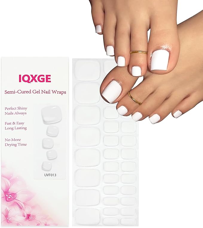 34 Pcs Semi Cured Gel Toe Nail Strips White Solid Gel Nail Stickers Full Cover Nails Wraps Self Adhesive Toe Nails Polish Strips Stickers for Women UV/LED Light Required