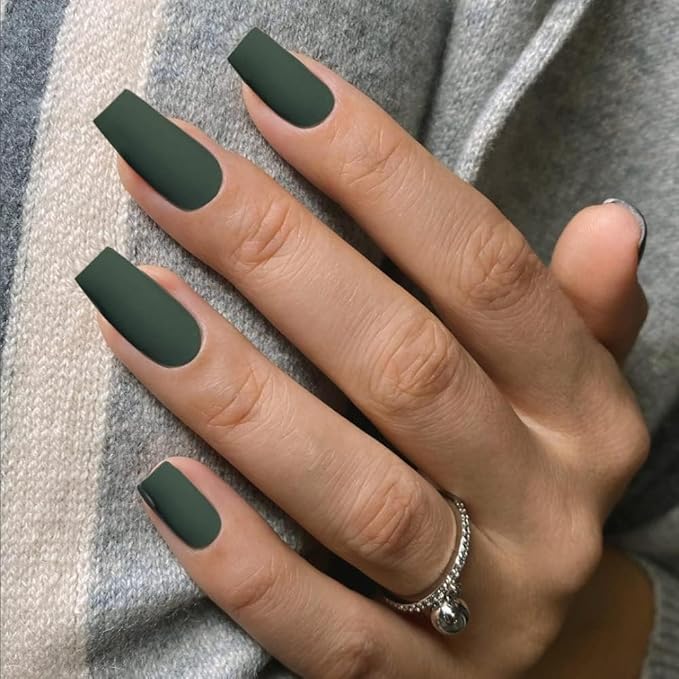 KQueenest Matte Dark Green Press on Nails Long Medium Square, Fake Nails Medium Coffin, Opaque Color Acrylic Nails Press ons, Reusable Soft Gel Glue on Nails for Women Fall Winter