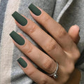 KQueenest Matte Dark Green Press on Nails Long Medium Square, Fake Nails Medium Coffin, Opaque Color Acrylic Nails Press ons, Reusable Soft Gel Glue on Nails for Women Fall Winter
