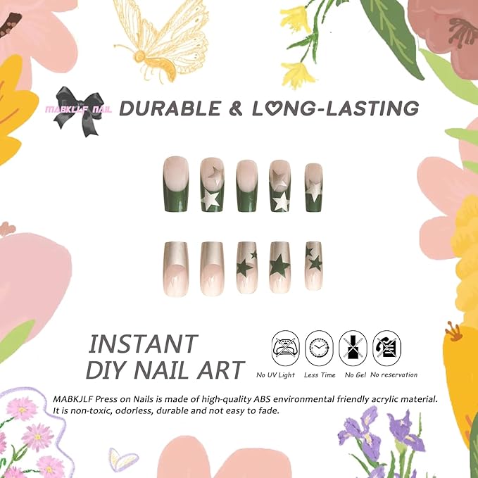 Press on Nails Long Square Sliver French Tip Fake Nails Glitter Full Cover False Nails with Green Stars Designs Glossy False Nails with Nail Glue Artificial Acrylic Nails for Women Girls 24 Pcs