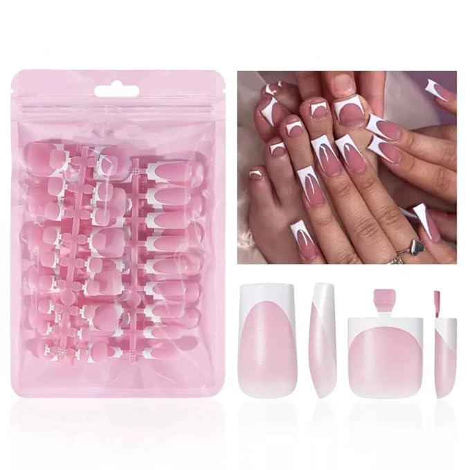 60Pcs White French Tip Press on Nails & Press on Toenails Set, Square Press on Nails Medium Fake Nails French False Toenails Full Cover Stick on Nails for Women Manicure Kit