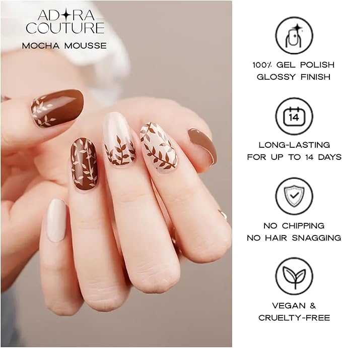 Semi Cured Gel Nail Strips with 30 Pieces - Salon Quality Manicure Kit for Women Easy Application Wraps Includes Prep Pads Nail File Wooden Stick, UV Light Required (Brown Mocha)