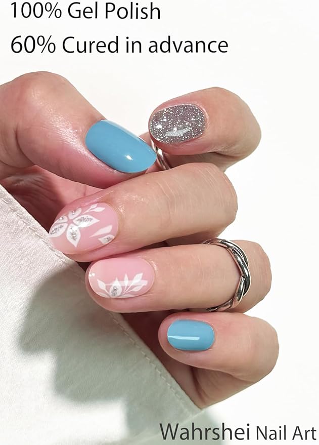 UV Gel Nail Stickers, Blue Glitter Flower 30pcs Semi Cured Gel Nail Strips, Wraps for Home Manicure DIY