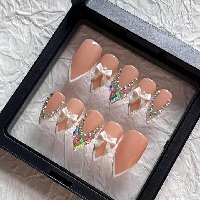 Press on Nails Handmade Medium Length Almond Fake Nails, 3D French Salon Bow Design False Nails, 10 Pcs Reusable ABS Material Nail Tip Artificial Nails for Women (Size S)