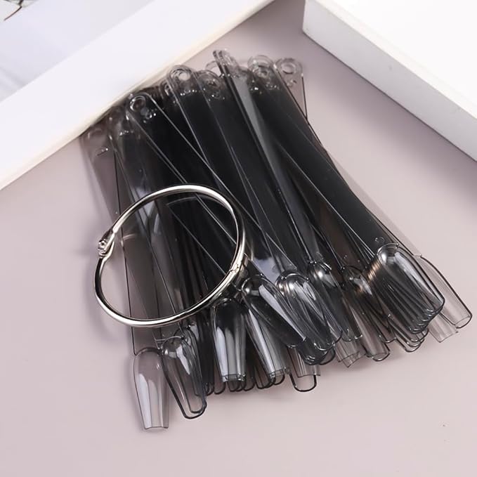 150 Pcs Nail Swatch Sticks with Ring, Transparent Black Ballerina Nail Art Tips, Long Coffin False Nail Sample Sticks, Polish Gel Display Practice Tools Nail Supplies for Home or Salon Use