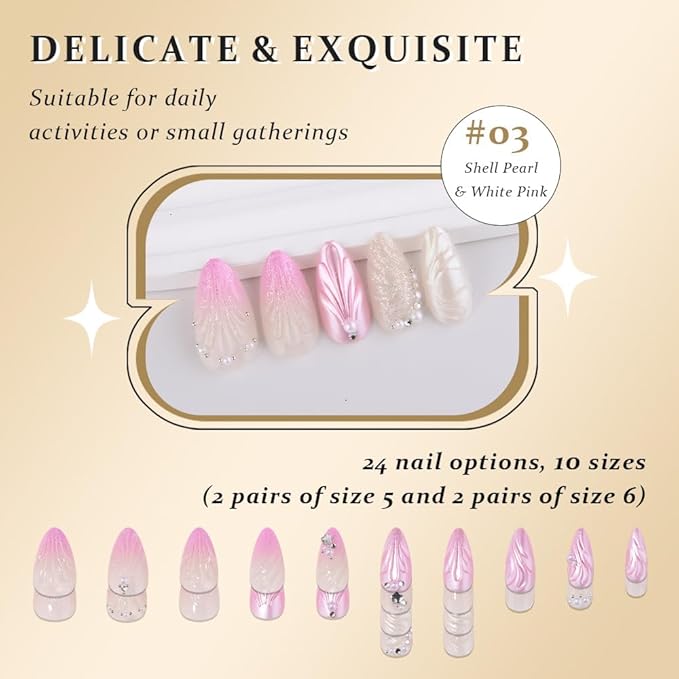 evpct Spring & Summer Press on Nails Medium Almond, Pearl White Pink Fake Nails Press ons with 3D Shell Design, Light Weight Perfectly Fit Nails for Women Gift, Fake Nail Kit with Kits Gel 24Pcs