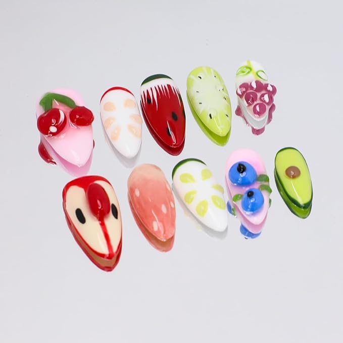 Handmade Press on Nails Medium Almond Nails Thick Fake Nails with Glue,Cute 3D Fruit Art False Nails with Designs Colourful Nails Reusable Nature Stick on Nail for Wome (Size S)