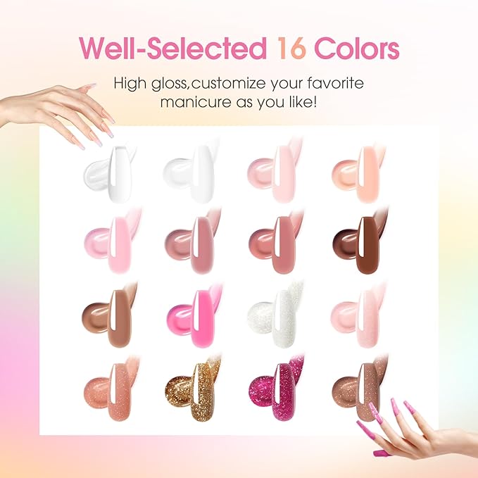 ROSALIND Poly Nail Gel Kit -16 Colors + Nude Glitter Nail Art Accessories kit Clear Nude Poly Nails Gel Kit Starter Kit With Slip Solution Nude Pink Nail Extensions Gel Set with Mini UV Lamp