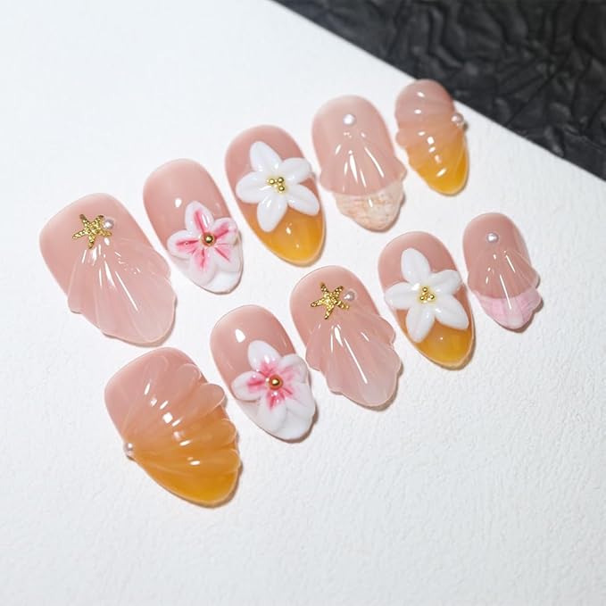 10Pcs Short Almond Handmade Press On Nails | Nude Pink & Yellow Ombre with 3D Seashell, Flower & Starfish Decor | Reusable Salon-Quality Fake Nails for Women and Girls (25902, M)