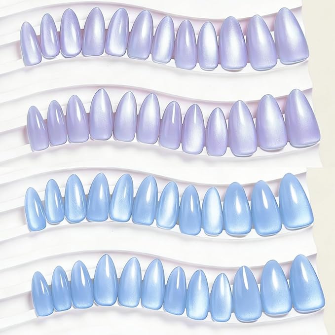 KQueenest 4 Packs Cat Eye Press On Nails Almond, Glitter Summer Press On Nails Medium, Bright Fake Nails Press Ons Almond, Sparkle Chrome Glue On Nails for Women, 96 Pcs False Nails Kit