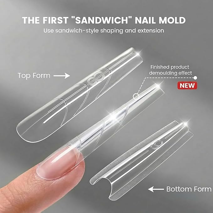 Nail Dual Forms 240Pcs Coffin - Long Nail Extension Molds for Polygel Builder Gel Professional Nail Art Kit 15 Sizes | Glirops