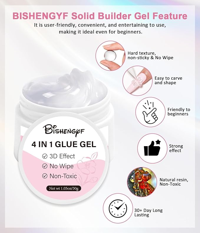 Solid Builder Nail Gel BISHENGYF: 30g Nail Builder Gel for 3D Sculpting Non-Sticky Hard Gels with Gold Silver White Pink Chrome Powder for Art Carving Modeling and Extension