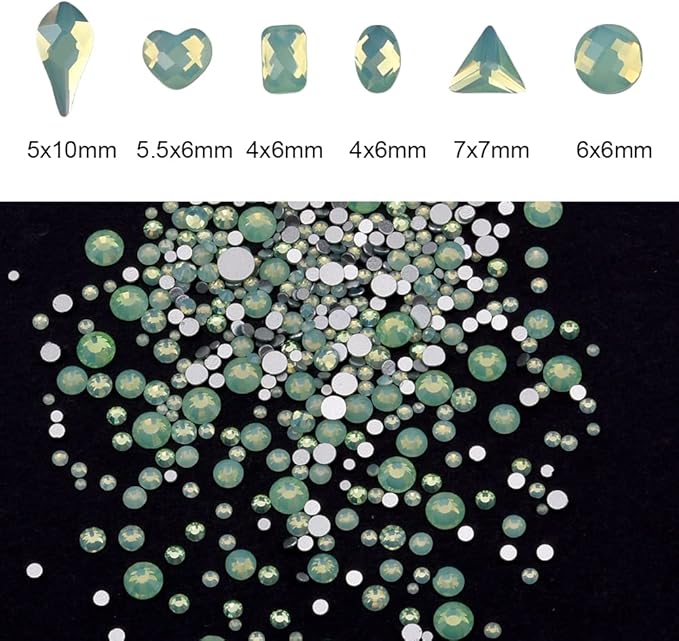 60pcs Mix Shapes Glass Rhinestones Flatback Green Opal Nail Gems 480pcs Round Beads 3D Decoration Crystals for Designs Acrylic Nails Crafts Bulk Pack