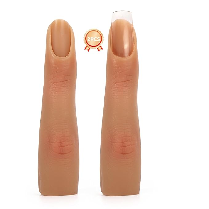 2 Pieces Silicone Practice Fingers for Acrylic Nails, Fake Training Hand Finger Model Flexible Bendable Mannequin Finger, Soft Realistic Joint Nail Practice Fingers with Makeup for Nail Art (Color 4)