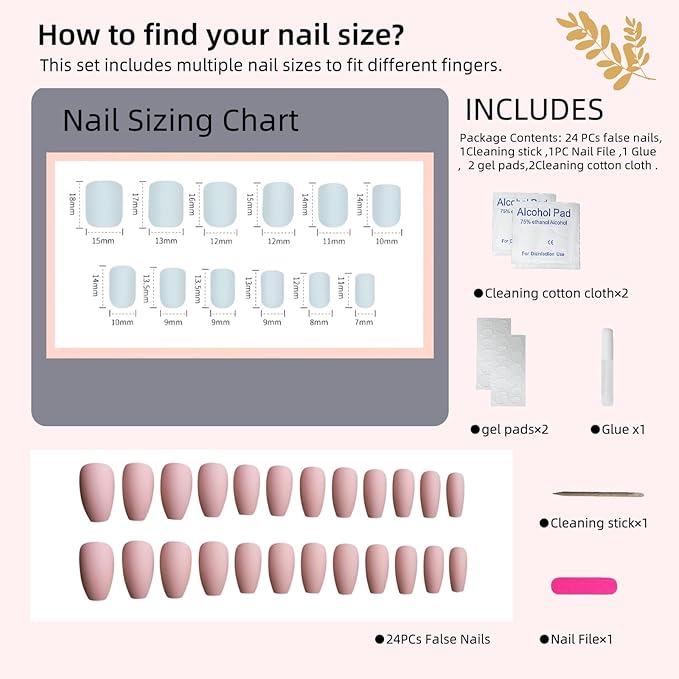Press-On Nails | Pink Matte Blush Almond Shape | Reusable Fake Nails with Adhesive Tabs & Glue (24 Pcs)