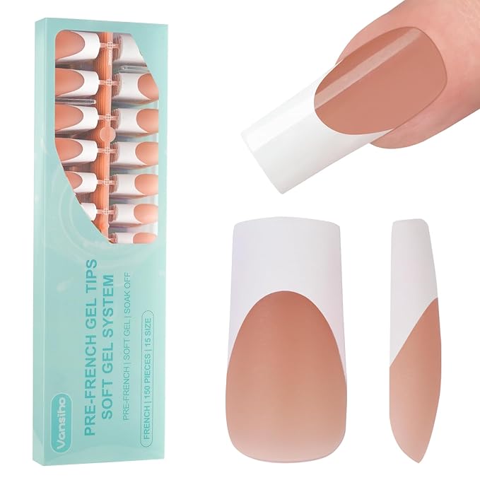 Vansiho French Nail Tips, 150Pcs Long Square Brown Gel Nail Tips, French Tips Press on Nails, Square 3 in 1 Pre-French Gel Tips, Fake Nails for Nail Art DIY 15 Sizes