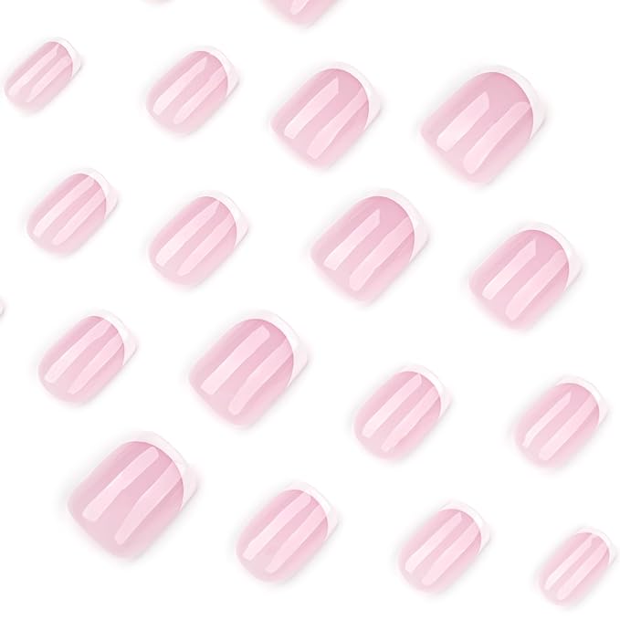 Press on Nails French Tip Fake Nails Short Square False Nails Press ons Cute Glossy Acrylic Nails Full Cover Nude Nature Glue on Nail for Women Nail Decoration 24Pcs