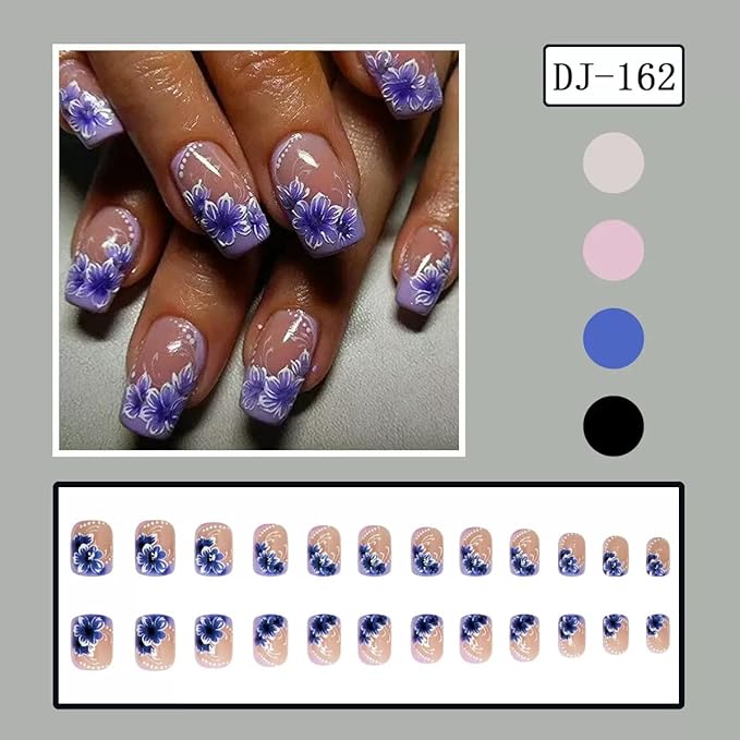 Press on Square Nails - Short Fake Nails with Purple Flower Design - Spring Full Cover Stick on False Nails - for Women 24 Pcs