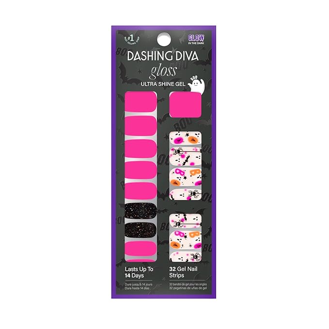 Dashing Diva Gloss Nail Strips - The Friendly Ghost - UV Free, Chip Resistant, Long Lasting Gel Nail Stickers - 3-Piece Glow-In-The-Dark Manicure Set - Contains 32 Wraps, 1 Prep Pad, 1 File