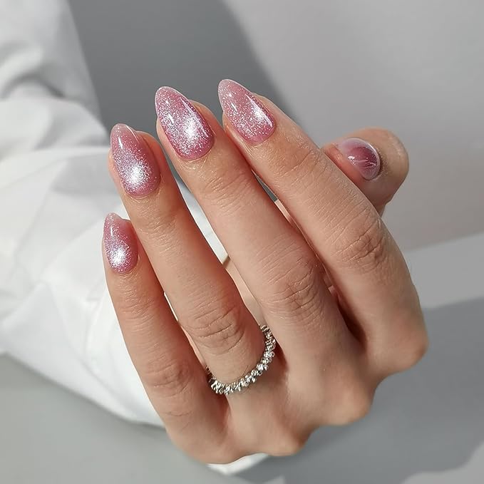 Press On Nails Short - Findigit Pink Cat Eye Almond Press On Nails with Glue for Women, Soft Gel Glue On Nails in 16 Sizes - 32 Stick On Fake Nails Kit, Pink Galaxy