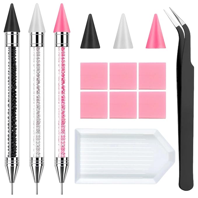 3 Pack Rhinestone Picker Tool Dotting Pen with 3 Wax Tips and Tray, Wax Pencil for Rhinestones, Gem Picker Pen Diamond Jewel Applicator, Rhinestone Tools Kit for Bedazzling DIY Nail Art