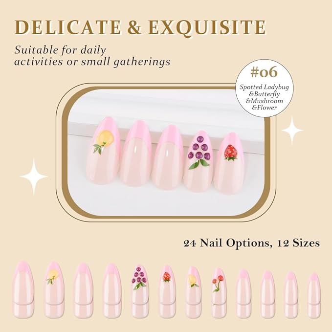 evpct French Tip Press on Nails Medium Almond, Nude + Pink Tips, 3D Fake Nails Kit with 3D Fruits Designs, Berry & Strawberry & Orange & Grape, Stick on Nails with Nail Kit, Reusable Stick on Nail Kit