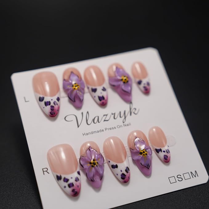 Luxury Handmade Press On Nails, Purple French Medium Almond with 3D Flowers, Winter & Autumn Gradient False Nails,Reusable Multi-Layer Post-Gel Acrylic Nails for Women .(10pcs)