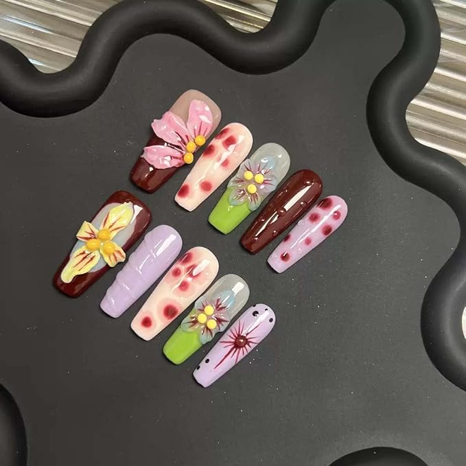 10 Pcs Coffin Press On Nails Handmade Fake Nails 5D Flower Charms With Design Long False Nails Full Cover Acrylic Artificial Reusable Stick On Nail For Women (SIZE: Large)