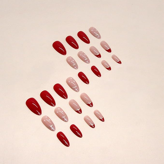 Red Press on Nails - Medium Almond Fake Nails - French Tip False Nails Press ons - Christmas Glossy Full Cover Glue on Nails - Acrylic Artificial Stick on Nail for Women Manicure 24Pcs