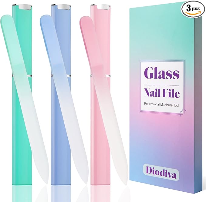 Glass Nail File 3 Pack for Natural Nails, Stocking Stuffers for Women Adults Unique Christmas Gifts Crystal Fingernail Files with Case Etched Nail Filer Professional Nail File Glass Lima de uñas